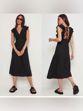 Linen Rails Black Women's Ruffle V-Neck Maxi Dress